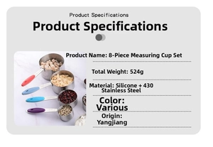 Detailed view of 8-piece stainless steel measuring cups with colorful silicone handles