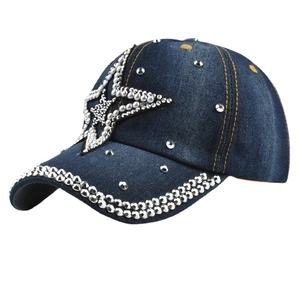 Deep blue denim baseball cap featuring rhinestone star and silver metallic stud details
