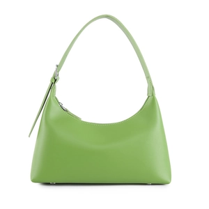 Minimalist grass green leather underarm bag with a curved silhouette on white background