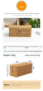 Detail of woven cable organizer showing 33x13x14cm size and 630g weight on white background