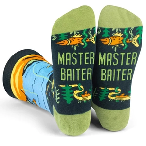 Detailed view of novelty fishing socks with MASTER BAITER text on soles