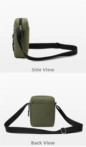 Detail view showing olive green nylon crossbody bag side and back with adjustable strap