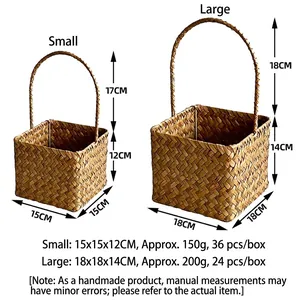 Size chart for seagrass woven baskets showing dimensions for small and large sizes