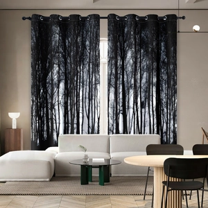 Detail of black and white forest landscape curtain with metal grommets in a modern living room