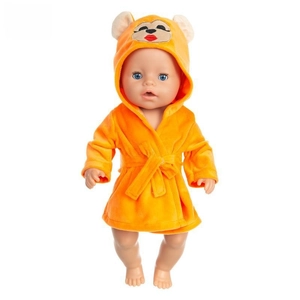 Detail of soft orange animal-themed hooded bathrobe for 18 inch dolls and 45cm plush toys