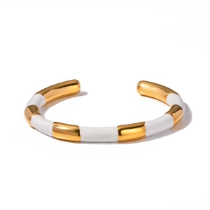 Minimalist gold and white enamel stainless steel cuff bracelet for elegant stacking