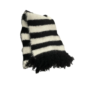 Classic black and white striped knit scarf with soft tassel fringe for autumn and winter
