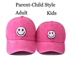 Washed cotton baseball cap set with smiley face embroidery for adults and children