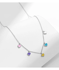 Close-up of S925 silver necklace featuring five colorful enamel heart-shaped pendants