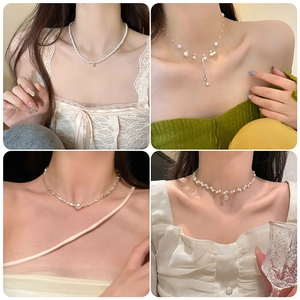 Artificial Pearl Necklace Stainless Steel Butterfly Heart Cross Pendant Multi Layer Clavicle Chain Sweet Cool Y2K Style For Women
