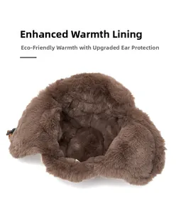 Close-up of thick brown faux fur lining and ear flaps on a warm aviator winter hat