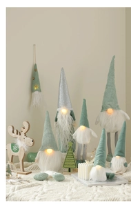 Illuminated mint green and silver Christmas gnomes with LED glowing noses and plush texture