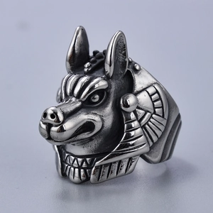 Macro detail of punk Anubis wolf god head ring in vintage silver stainless steel finish