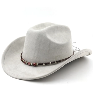 Detail of grey faux suede fedora hat with red and silver beaded bohemian band