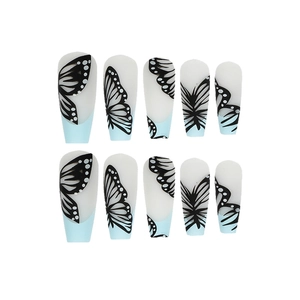 Blue and creamy white long ballet press-on nails with butterfly wing texture and dots