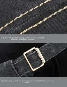 Détail de la triple couture et de la boucle métallique réglable sur la casquette en coton noir