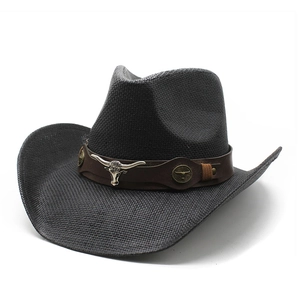 Chapeau de cow-boy noir tressé avec emblème Longhorn et bande en cuir décorative