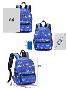 Blue kids backpack size comparison with A4 paper and tablet showing dimensions