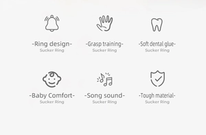 Features of baby suction rattle toy showing grasp training and soft teether material