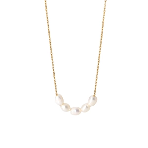 18K gold plated stainless steel necklace with five baroque freshwater pearls on white background
