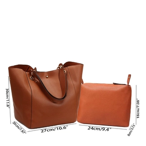 Brown faux leather tote bag set dimensions in centimeters and inches for size reference