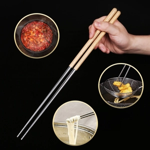 Extra long non-slip stainless steel cooking chopsticks with wooden anti-scald handle