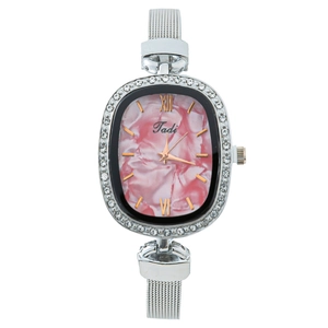 Elegant women's quartz watch with pink marble oval face and silver stainless steel mesh strap