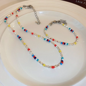 Colorful Beaded Choker Necklace And Bracelet Silver Plated Square Beads Hematite Glass Adjustable Summer Jewelry For Women