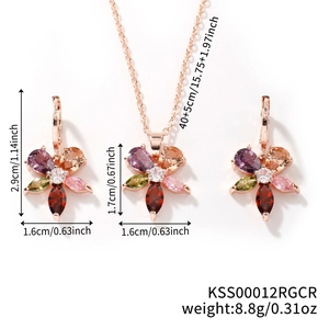 Dimensions détaillées de la parure fleur en or rose avec zircons colorés et tailles
