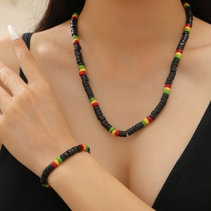 Rasta Houten Kralen Ketting Armband Set Etnisch Afrikaans Reggae Zwart Rood Geel Groen Houten Sieradenset Heren Dames