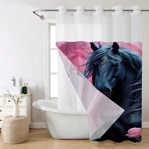 Detail of waffle shower curtain with black unicorn and pink floral galaxy design