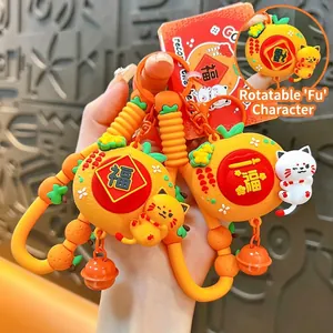 Cute Lucky Cat Rotating Keychain Orange PVC Alloy Pendant Fortune Charms Bag Accessory For Gifts Daily Keychain Charm