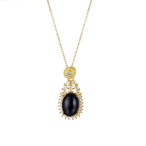Golden teardrop necklace with color-changing black stone and zircon pavé halo setting