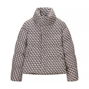 Women Puffer Jacket Geometric Print Stand Collar Winter Warm Cotton Padded Coat Zip Up Retro Long Sleeve Outerwear