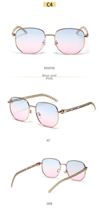 Three-view perspective of square oversized sunglasses with gold chain temples and gradient lens