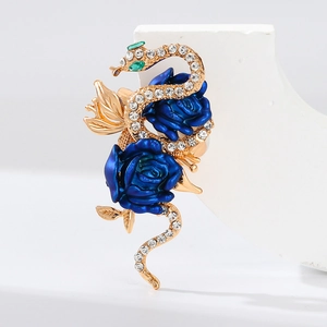 Golden snake brooch with blue roses and sparkling rhinestones for 2025 new year gift