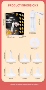 Size chart showing dimensions for cookie press kit including nozzles and discs