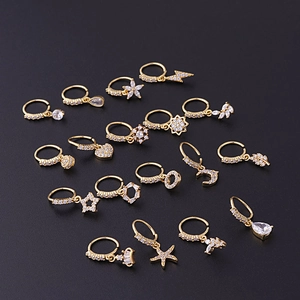 20G gold-plated drop zircon nose rings set featuring star, moon, and heart charms