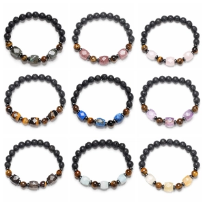 Natural Lava Stone Tiger Eye Beaded Bracelet Geometric Crystal Mineral Elastic Unisex Yoga Jewelry