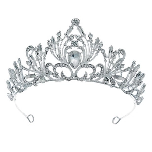 Close-up of silver bridal crown with sparkling crystal rhinestones and teardrop gemstone