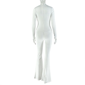 Detail of white long sleeve jumpsuit featuring back zipper closure and flared leg design