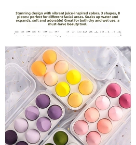 Detail of 8pcs makeup sponge set in 3 shapes with soft texture for dry and wet use