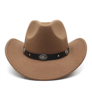 Close-up of brown felt cowboy hat with black decorative band and silver concho studs