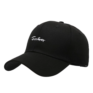 Classic black baseball cap with white Forever embroidery and curved brim in side view