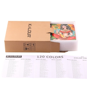Detail of KALOUR 120-color art set showing protective outer box and DIY color chart card
