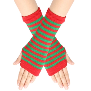 Macro detail of red and green striped knitted arm warmers with fingerless design