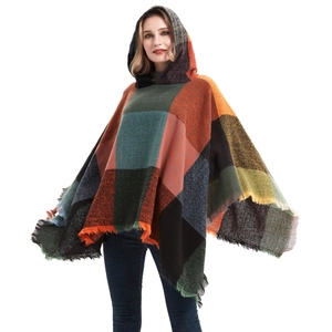 Women Hooded Poncho Shawl Plaid Tassel Color Block Polyester Winter Warm Casual Outerwear Wrap