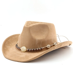 Bohemian light brown faux suede western cowboy hat with seashell beaded band and curved brim