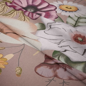 Close-up of floral tapestry fabric texture with realistic roses and soft fabric folds