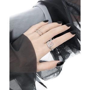 S925 silver double wave ring and pink crystal open ring set for a minimalist look